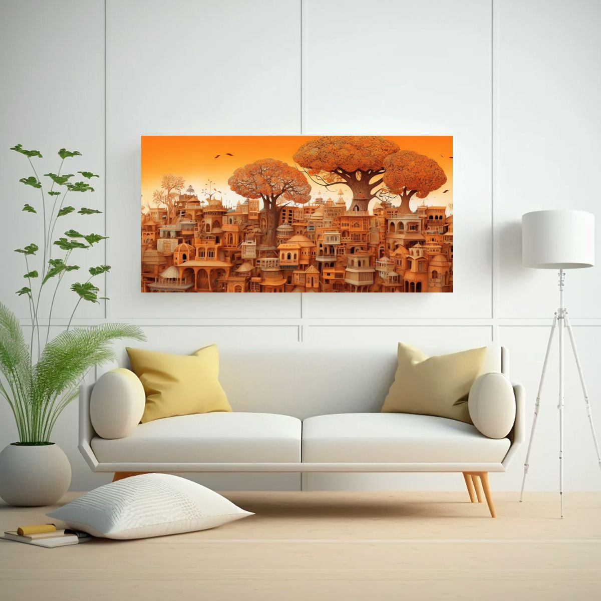 GENERICO - Cuadro Lienzo Esquema árbol Naranja Y Ciudad 60x30 Cm