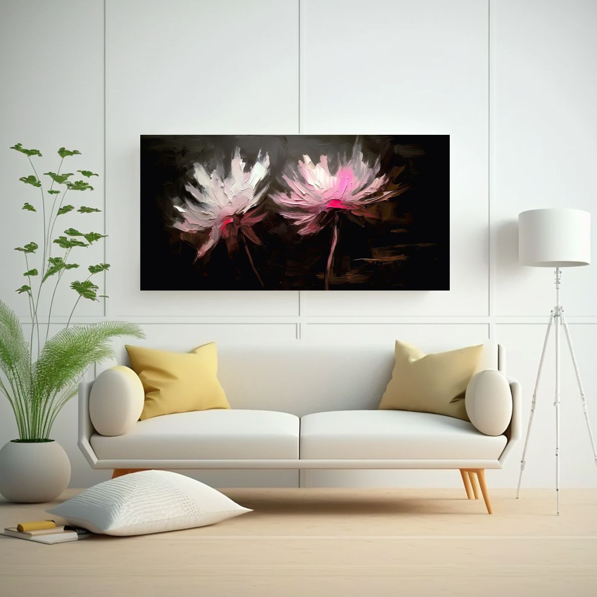 GENERICO - Cuadro Elegante De Dos Flores Sobre Fondo Negro 60x30 Cm