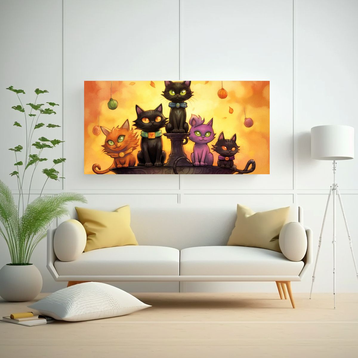 GENERICO - Cuadro De Gatos Negros En Una Pila Mirando Hacia 80x40 Cm