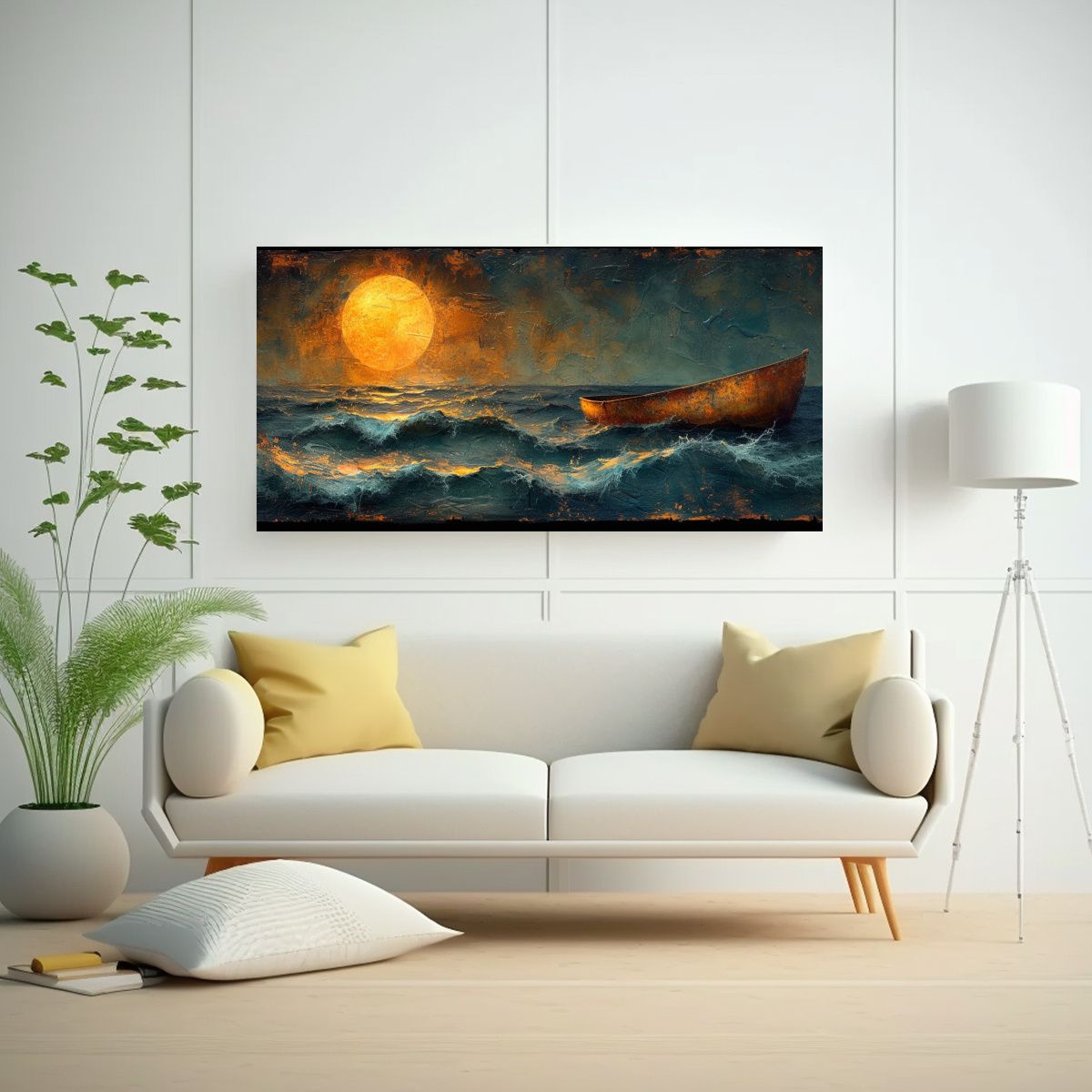 GENERICO - Barco Dorado En Olas Diseño Photoshop En Estilo 60x30 Cm