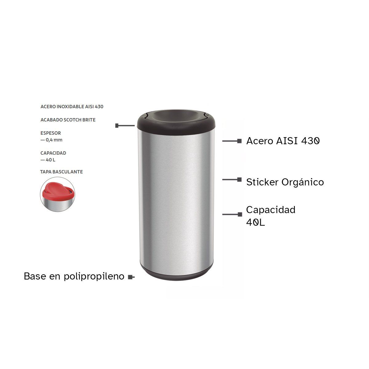 TRAMONTINA - Basurero De Acero Inoxidable 40 L De Capacidad, Aro Negro