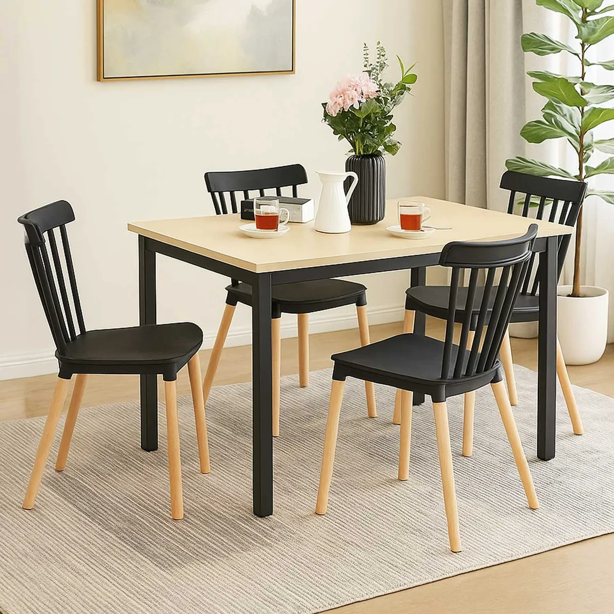 EL BARCO - Juego de Comedor New York + 4 Sillas Windsor negras