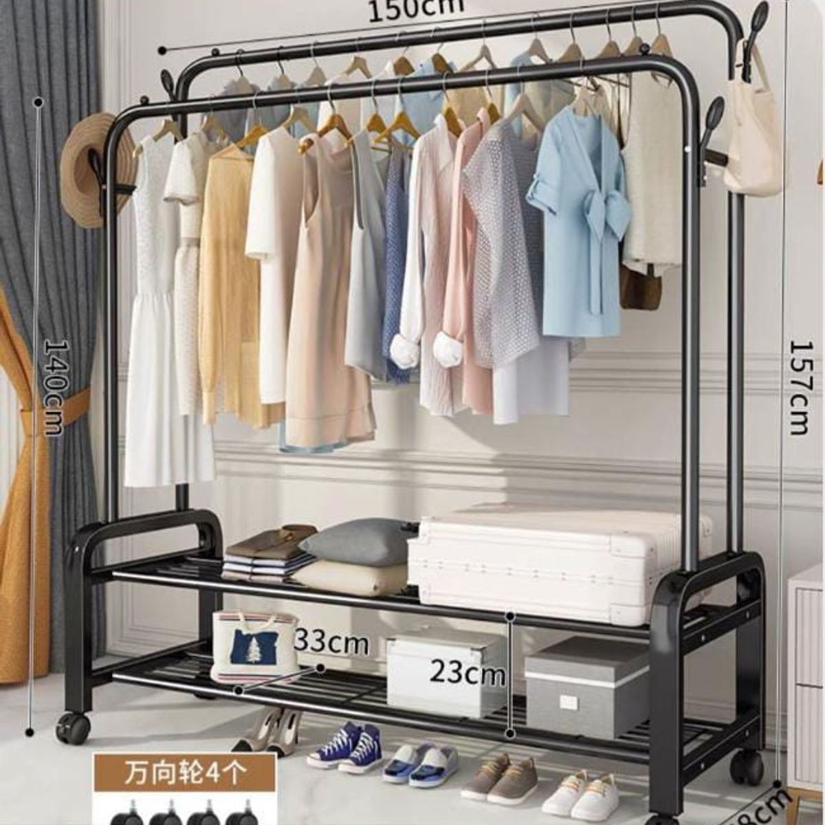 GENERICO - PERCHERO ORGANIZADOR DOBLE FIERRO INOXIDABLE CON RUEDAS 58K