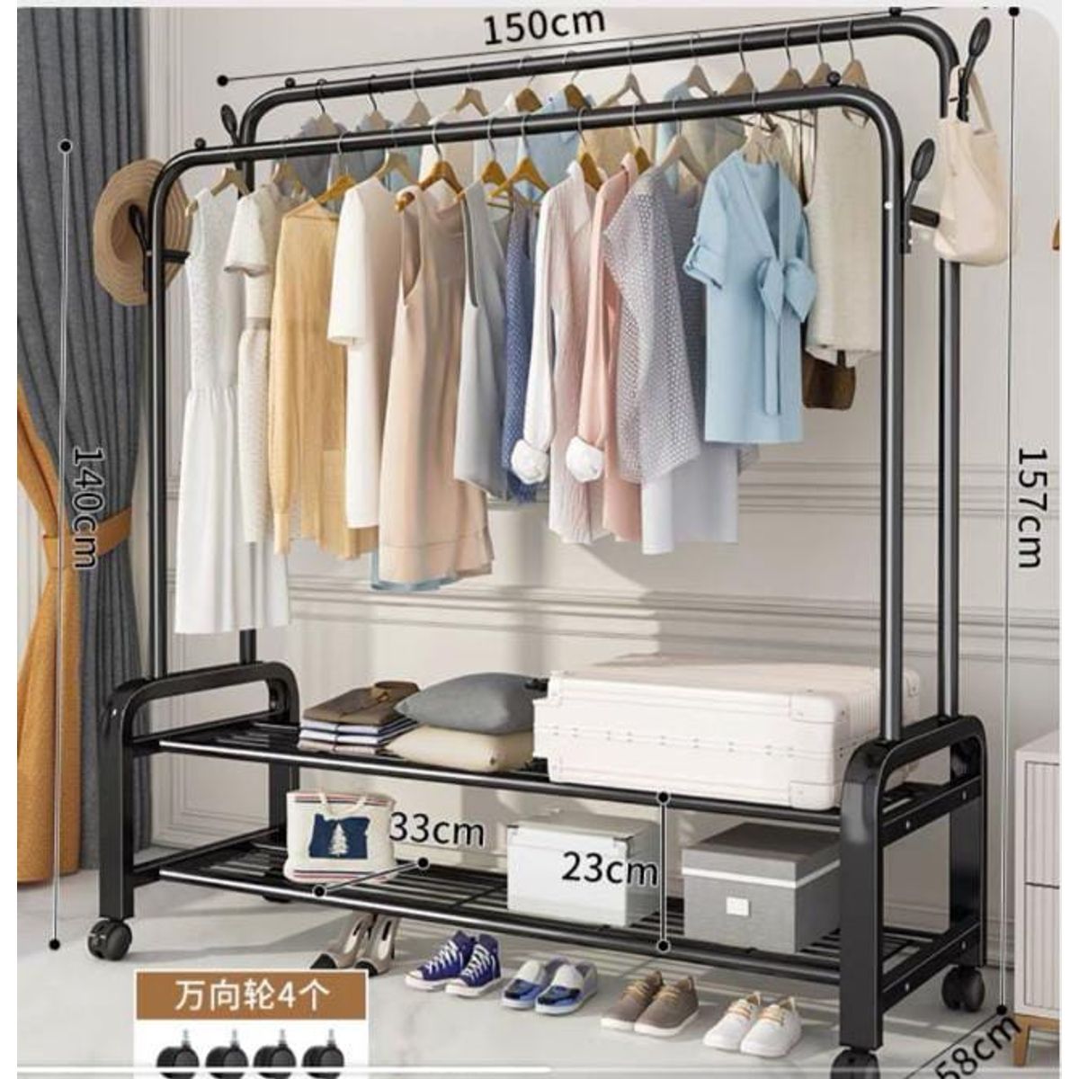 GENERICO - PERCHERO ORGANIZADOR DOBLE FIERRO INOXIDABLE CON RUEDAS 58K