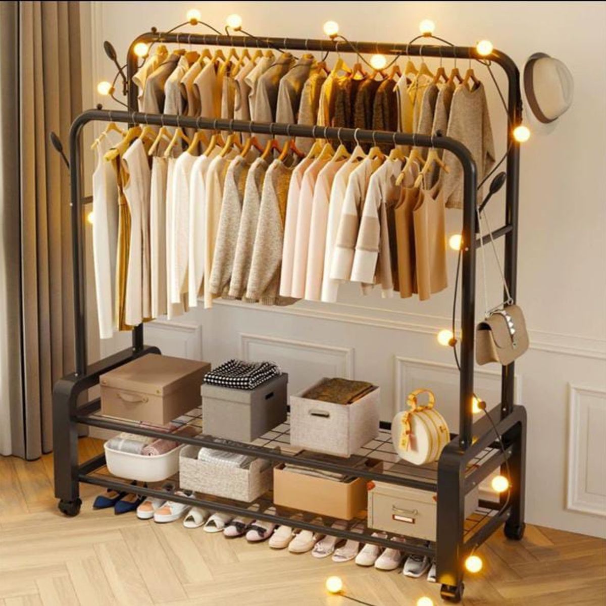 GENERICO - PERCHERO ORGANIZADOR DOBLE FIERRO INOXIDABLE CON RUEDAS 58K