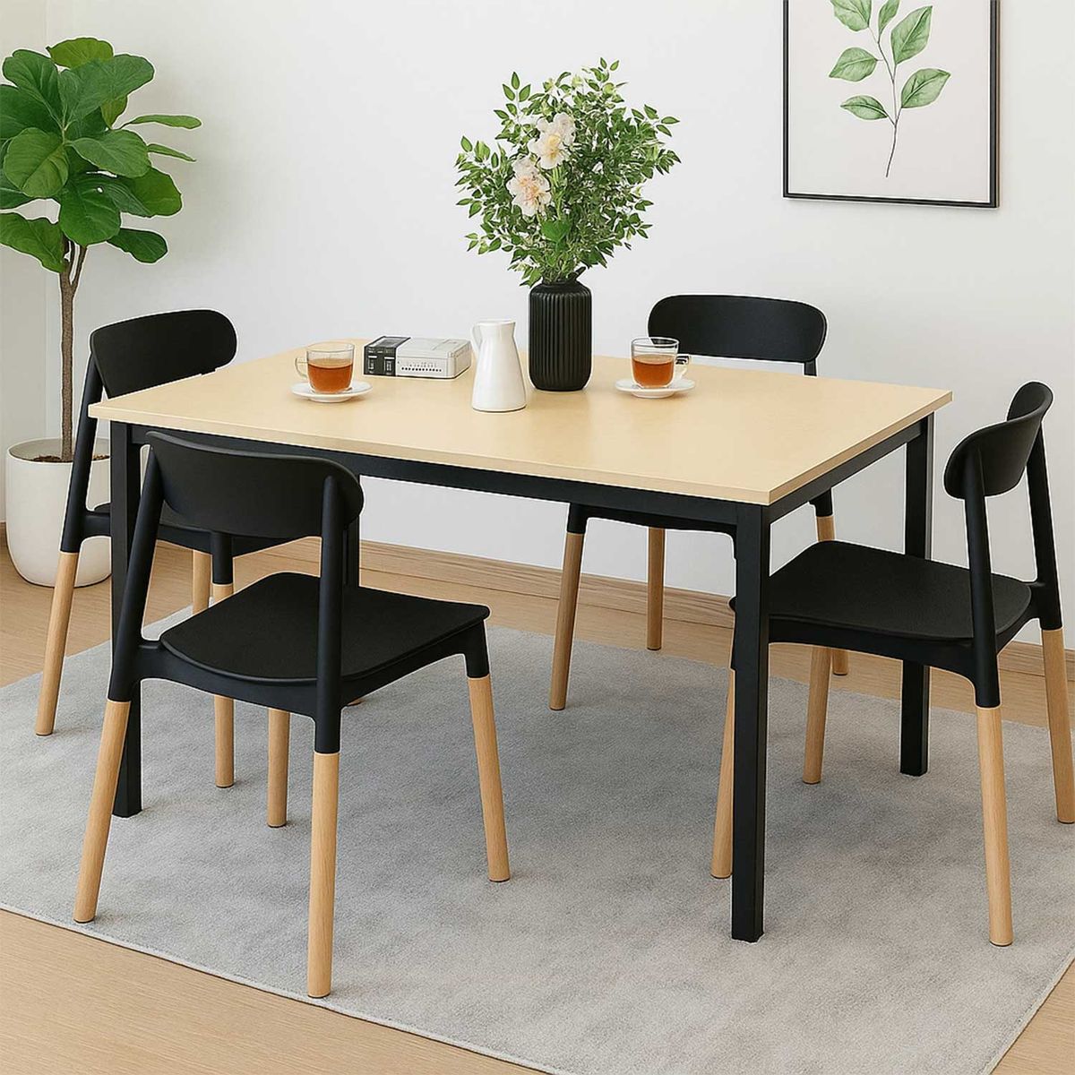 EL BARCO - Juego de Comedor New York + 4 Sillas Lisboa negras