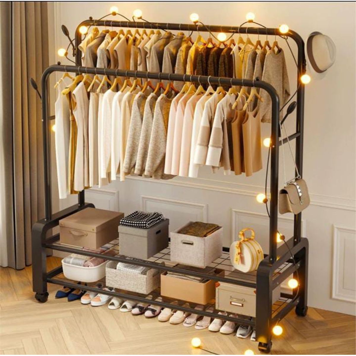 GENERICO - PERCHERO ORGANIZADOR DOBLE FIERRO INOXIDABLE CON RUEDAS 58K