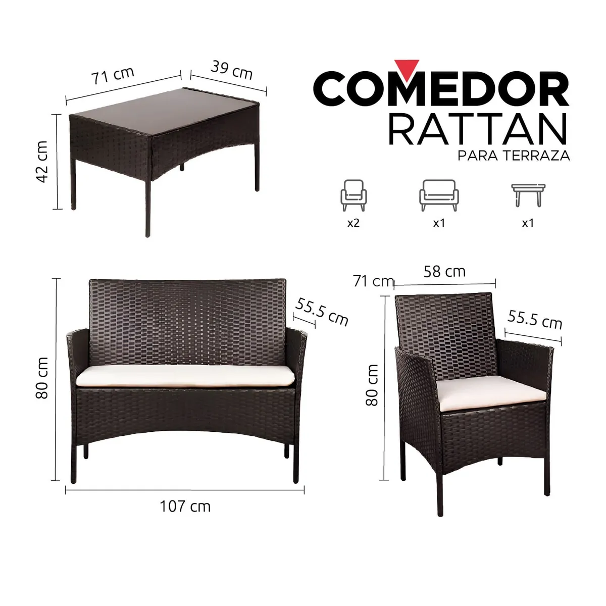 VINCENZI - Set Juego De Terraza 4pcs Mesa Sillas Sillon Rattan Vincenzi