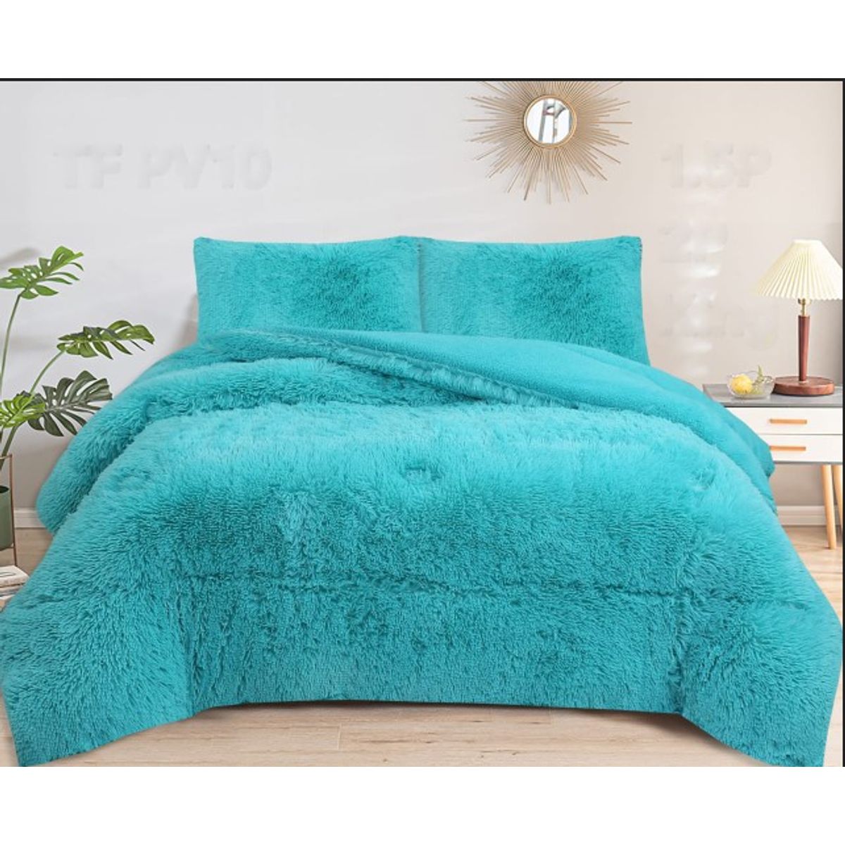 GENERICO - Cobertor o plumon peludo color liso celeste con chiporro 1.5 plaza TF