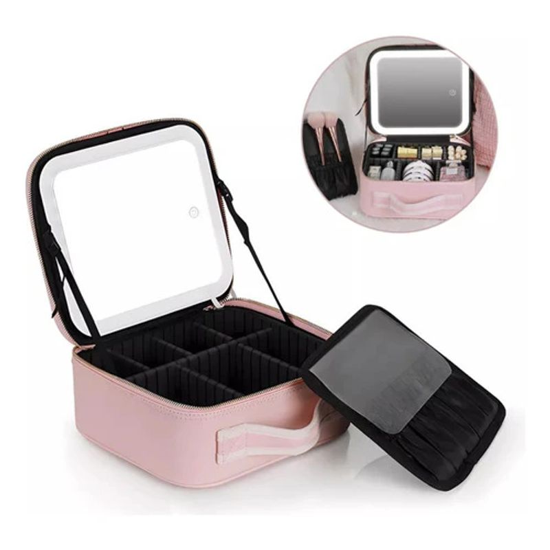 GENERICO - COSMETIQUERO CON ESPEJO Y LUZ LED ROSADO