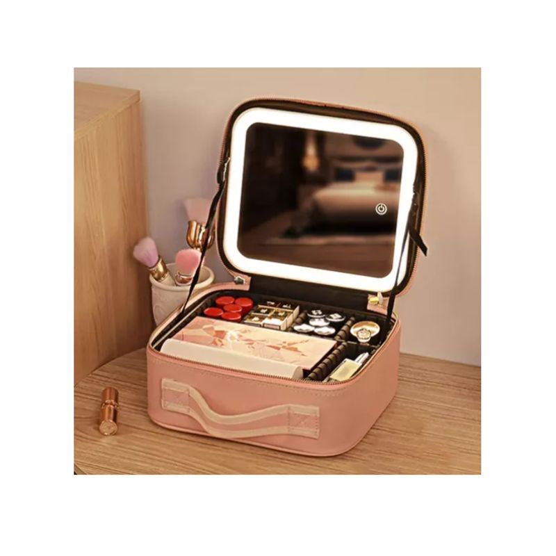 GENERICO - Maleta De Maquillaje Con Espejo Luz Led Organizador Cosmetico rosada