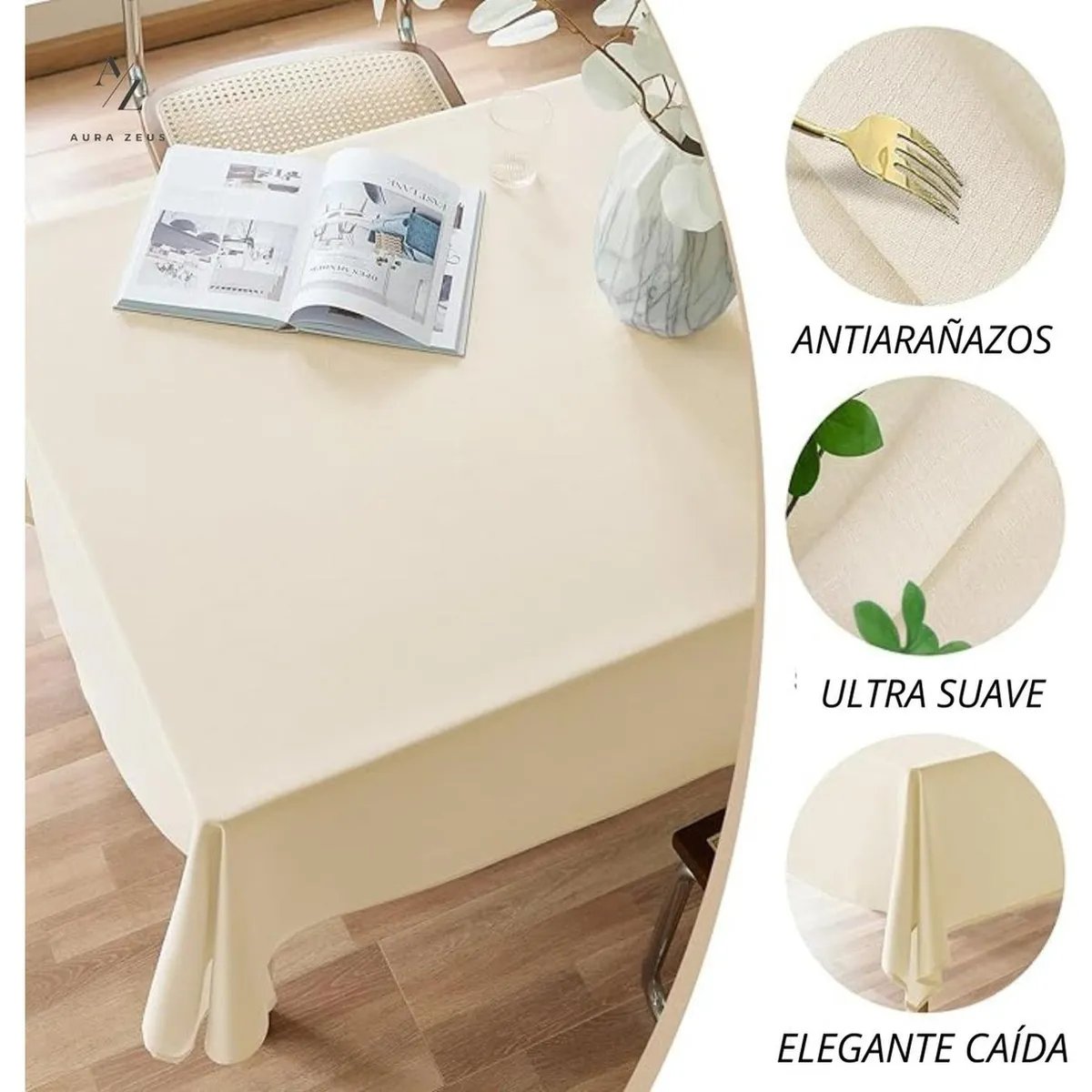 AZ AURAZEUS - Mantel Rectangular Lino Antimanchas 220 x 140 Cm Mesa Marfil Az
