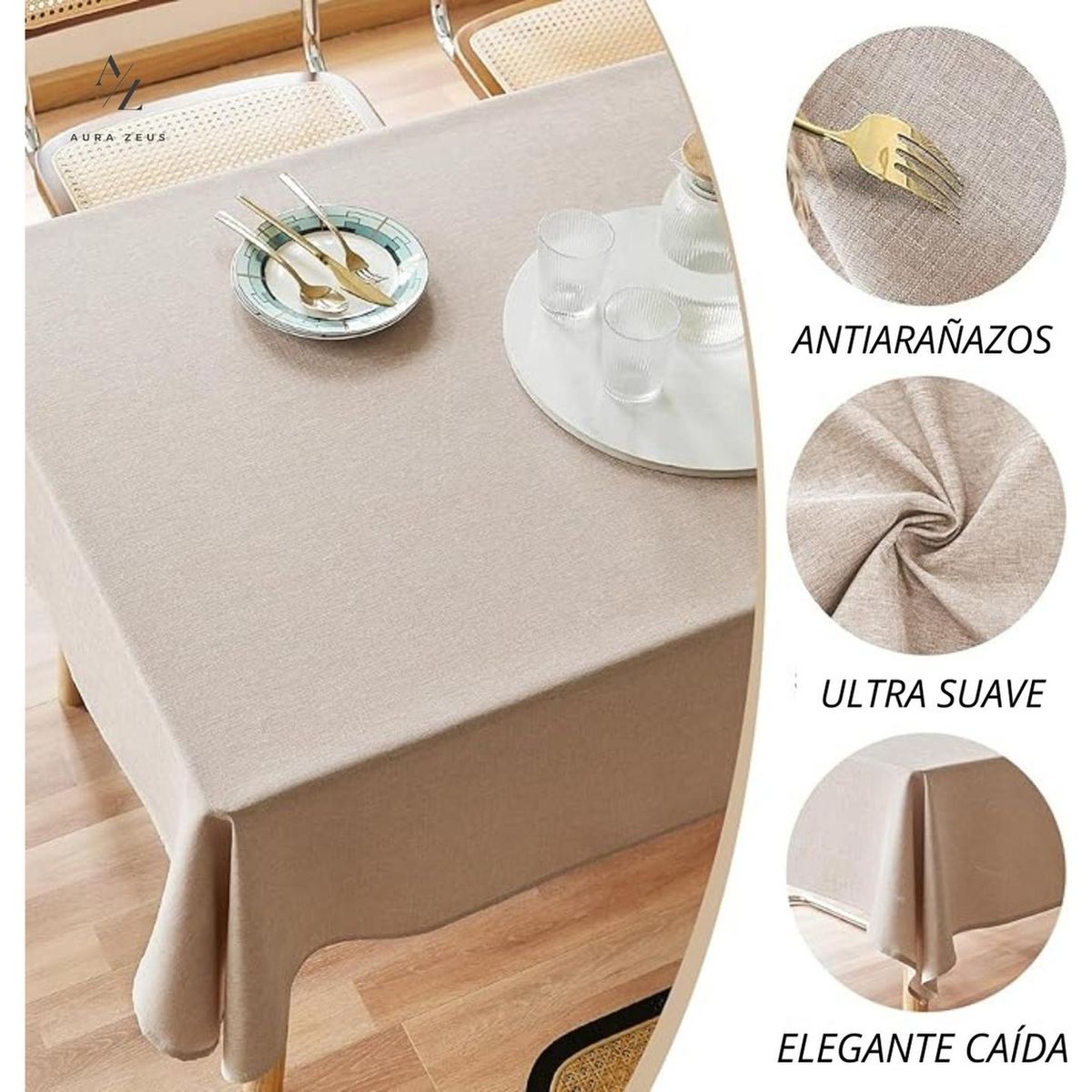 AZ AURAZEUS - Mantel Rectangular Lino Antimanchas 220 x 140 Cm Mesa Beige Az