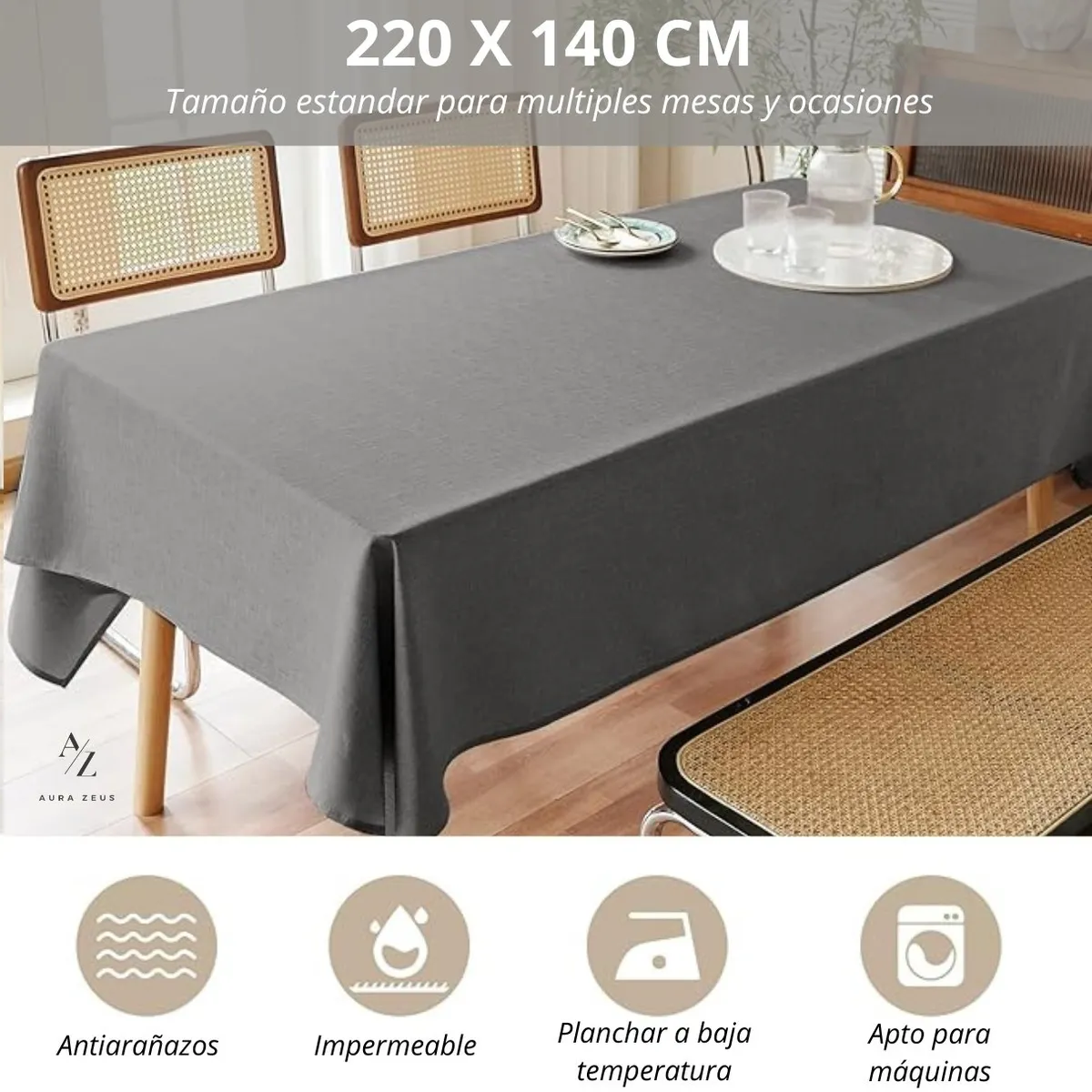 AZ AURAZEUS - Mantel Rectangular Lino Antimanchas 220 x 140 Cm Mesa Gris Az