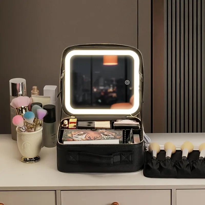 MOVI - Cosmetiquero Organizador con Espejo y Luz Led Color Negro