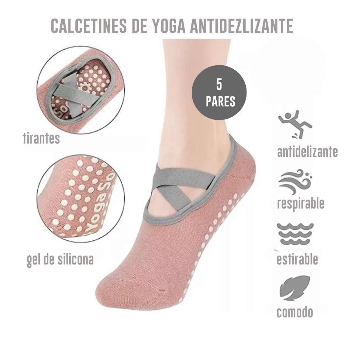 GENERICO - Calcetines Antideslizantes Algodón Yoga PILATES Set 5 Par