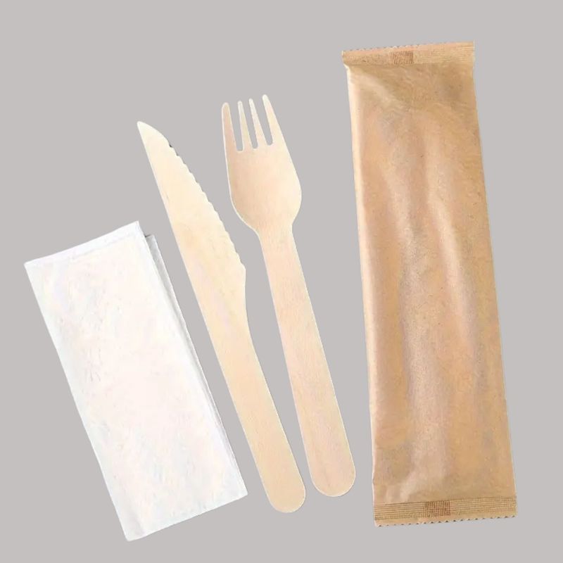 OMNIPACK - Set Tenedor Cuchillo Madera Desechable Y Servilleta 250 Un
