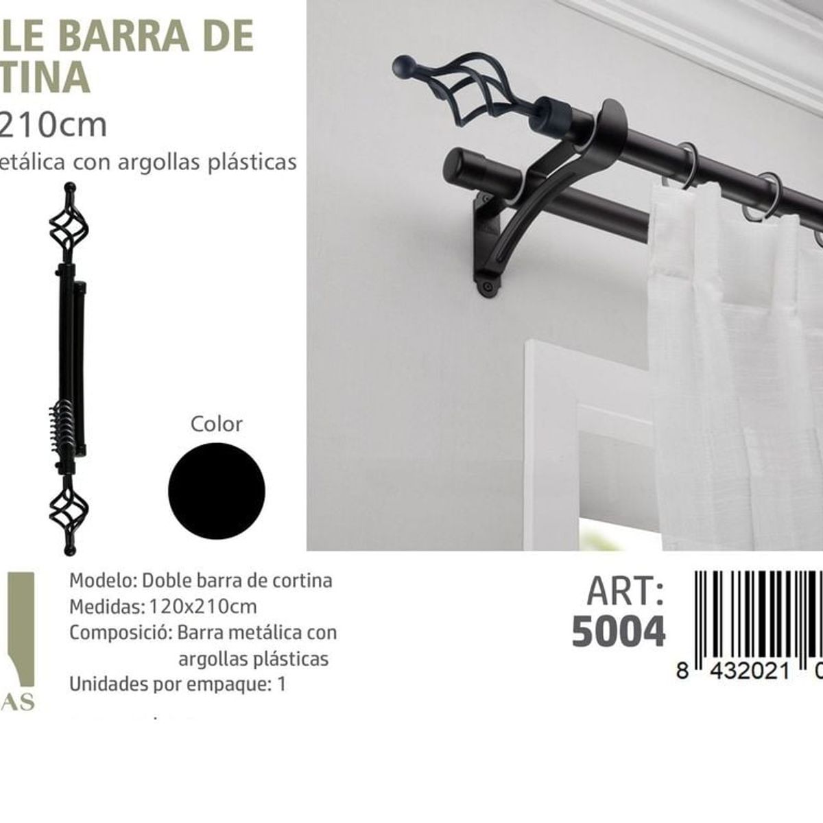 GENERICO - BARRA DOBLE  DE CORTINA NEGRO MEDIDAS 120-210 CM MOD 5004