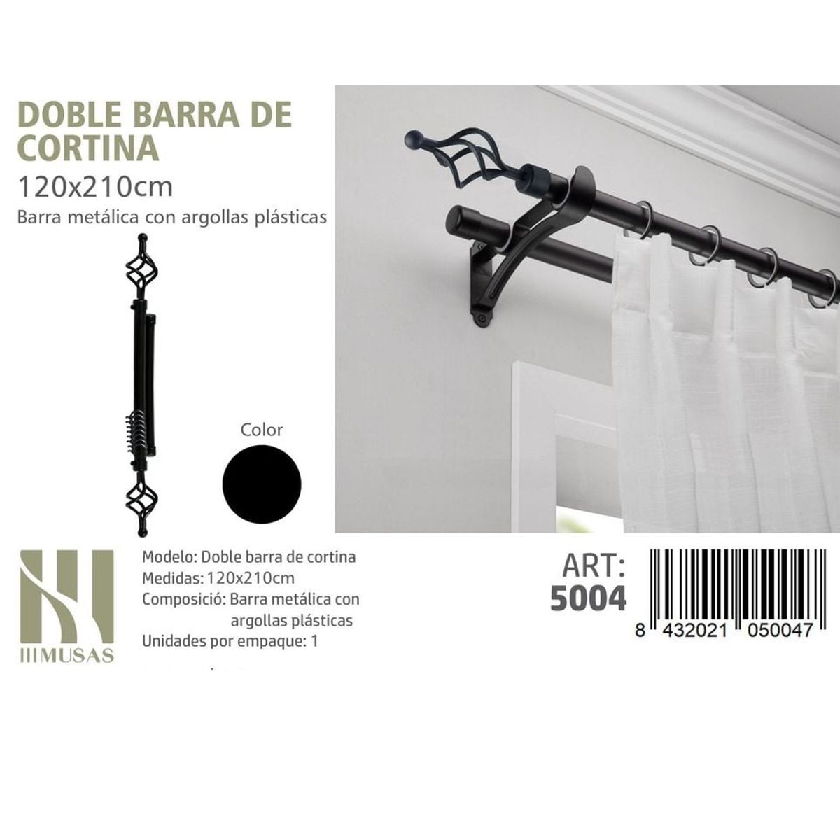 GENERICO - BARRA DOBLE  DE CORTINA NEGRO MEDIDAS 120-210 CM MOD 5004