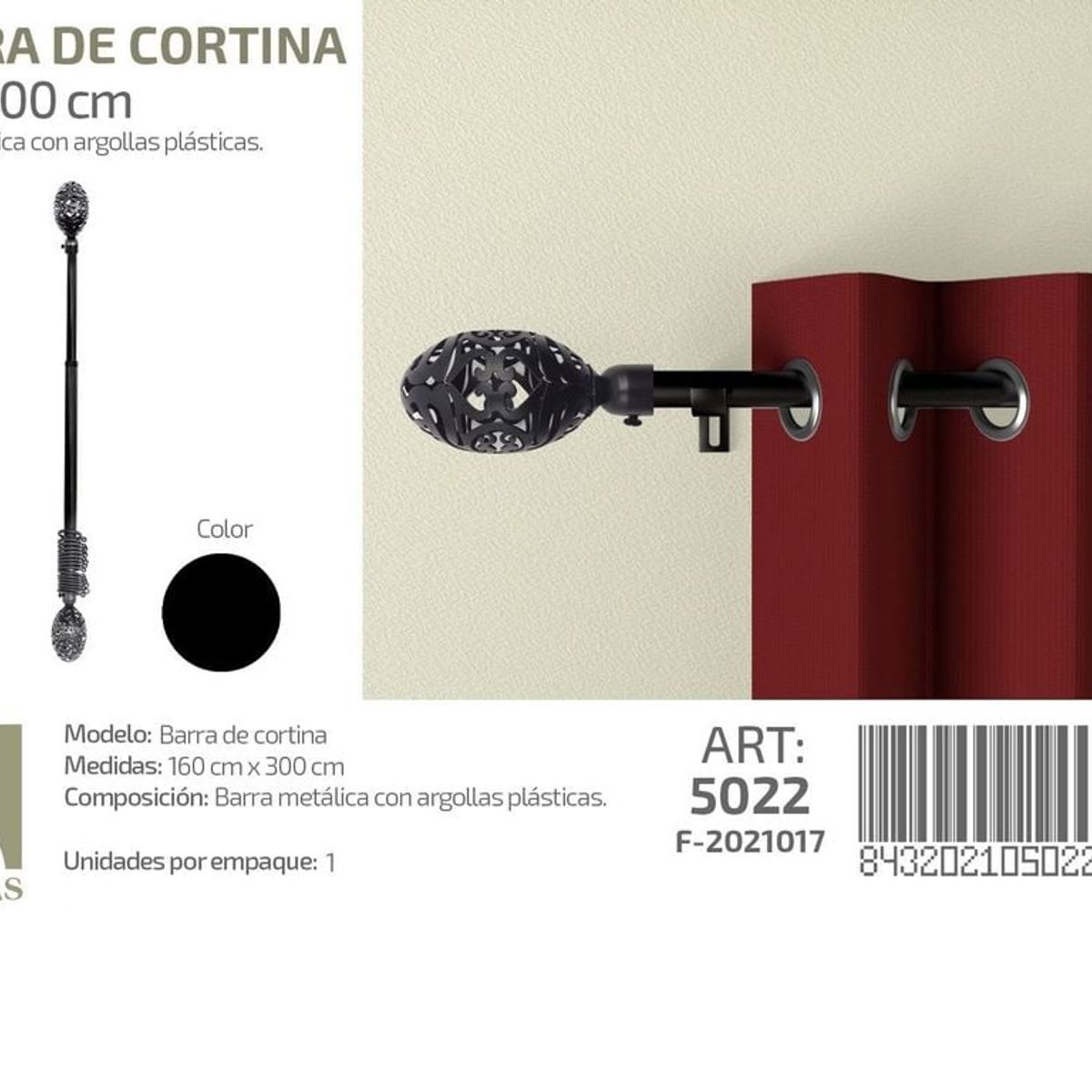 GENERICO - BARRA DE CORTINA METALICA NEGRO MEDIDAS 160-300 MOD 5022