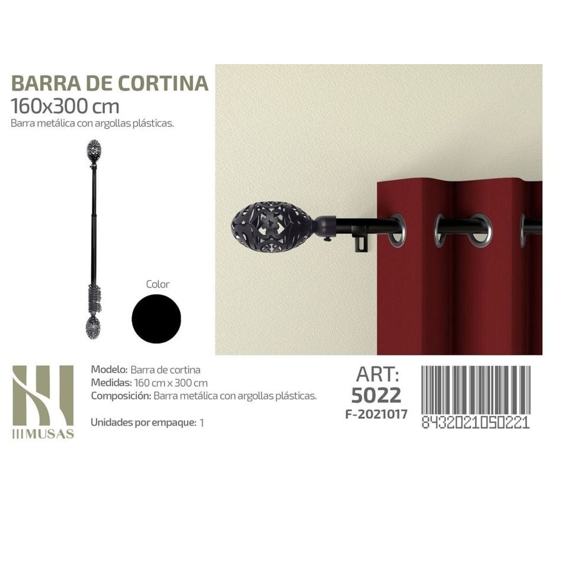 GENERICO - BARRA DE CORTINA METALICA NEGRO MEDIDAS 160-300 MOD 5022