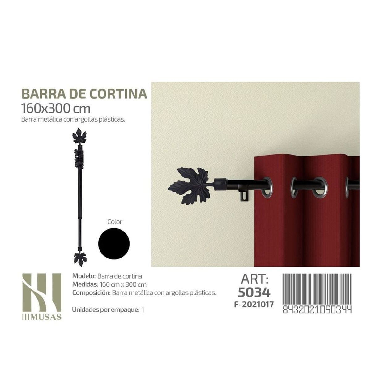 GENERICO - BARRA DE CORTINA METALICA NEGRO MEDIDAS 160-300 MOD 5034