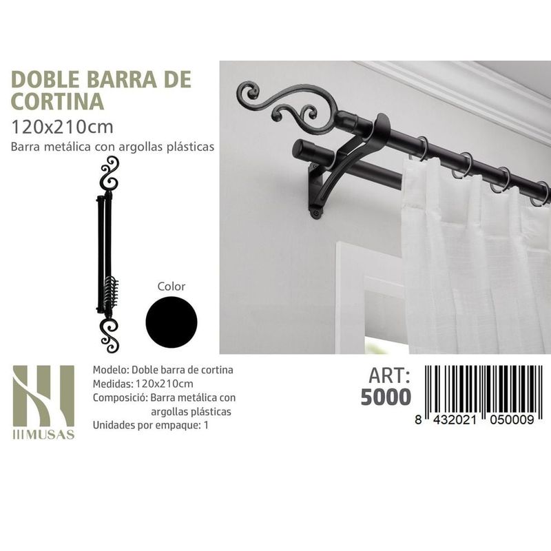 GENERICO - BARRA DOBLE  DE CORTINA NEGRO MEDIDAS 120-210 CM MOD 5000