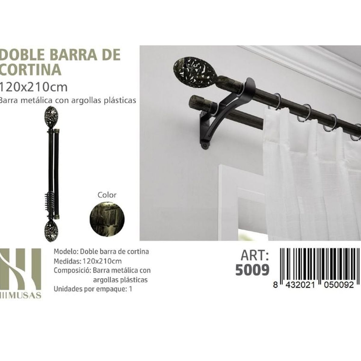 GENERICO - BARRA DOBLE  DE CORTINA COLOR ORO VIEJO MEDIDAS 120-210 CM MOD 5009