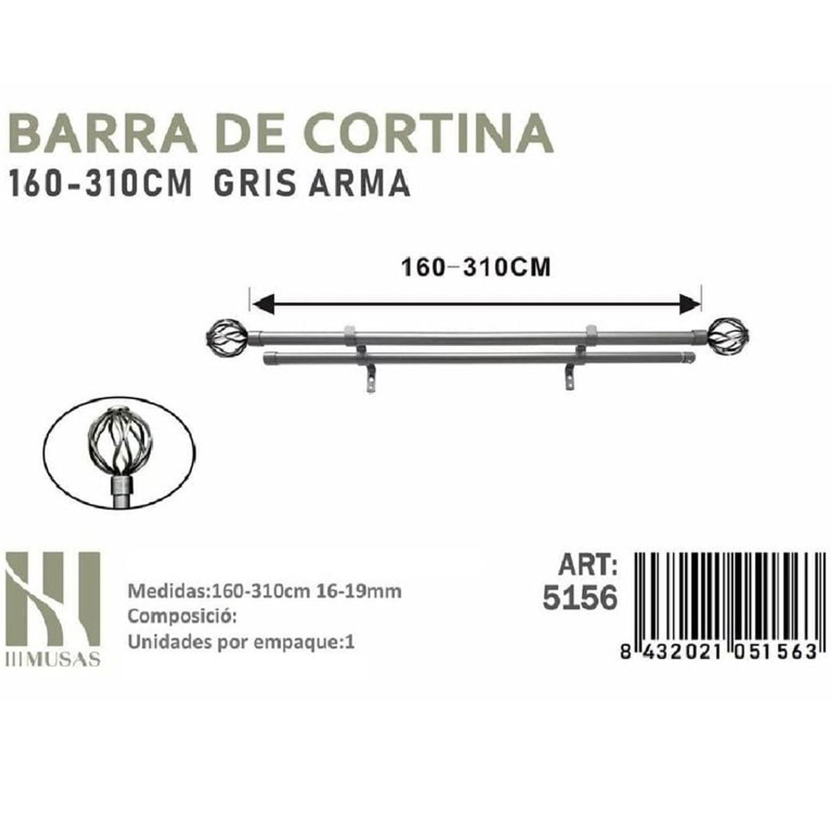 GENERICO - BARRA DOBLE  DE CORTINA GRIS ARMA MEDIDAS 160-310 CM MOD 5156