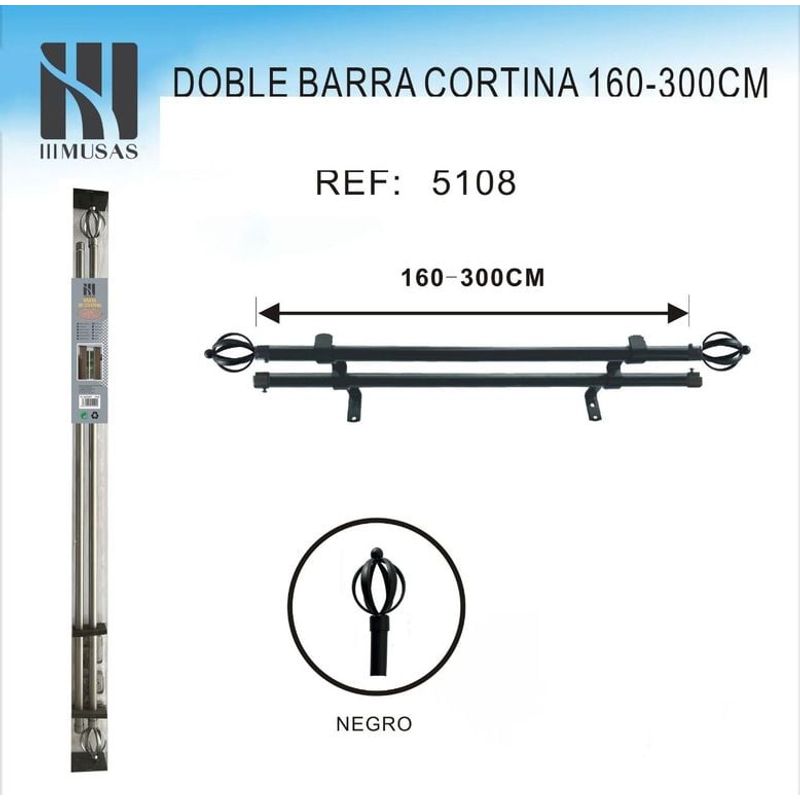 GENERICO - BARRA DOBLE  DE CORTINA NEGRO MEDIDAS 160-300 CM MOD 5108