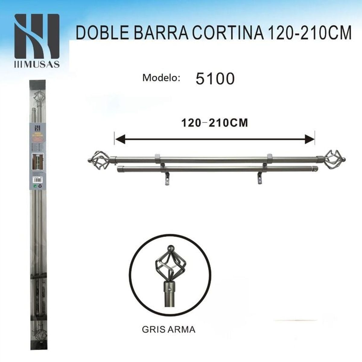 GENERICO - BARRA DOBLE  DE CORTINA GRIS ARMA MEDIDAS 120-210 CM MOD 5100