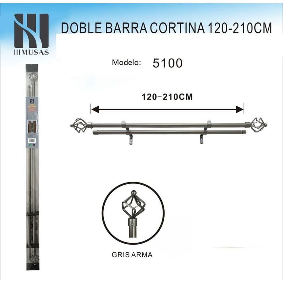 GENERICO - BARRA DOBLE  DE CORTINA GRIS ARMA MEDIDAS 120-210 CM MOD 5100