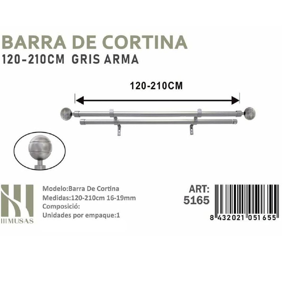 GENERICO - BARRA DOBLE  DE CORTINA GRIS ARMA MEDIDAS 120-210 CM MOD 5165
