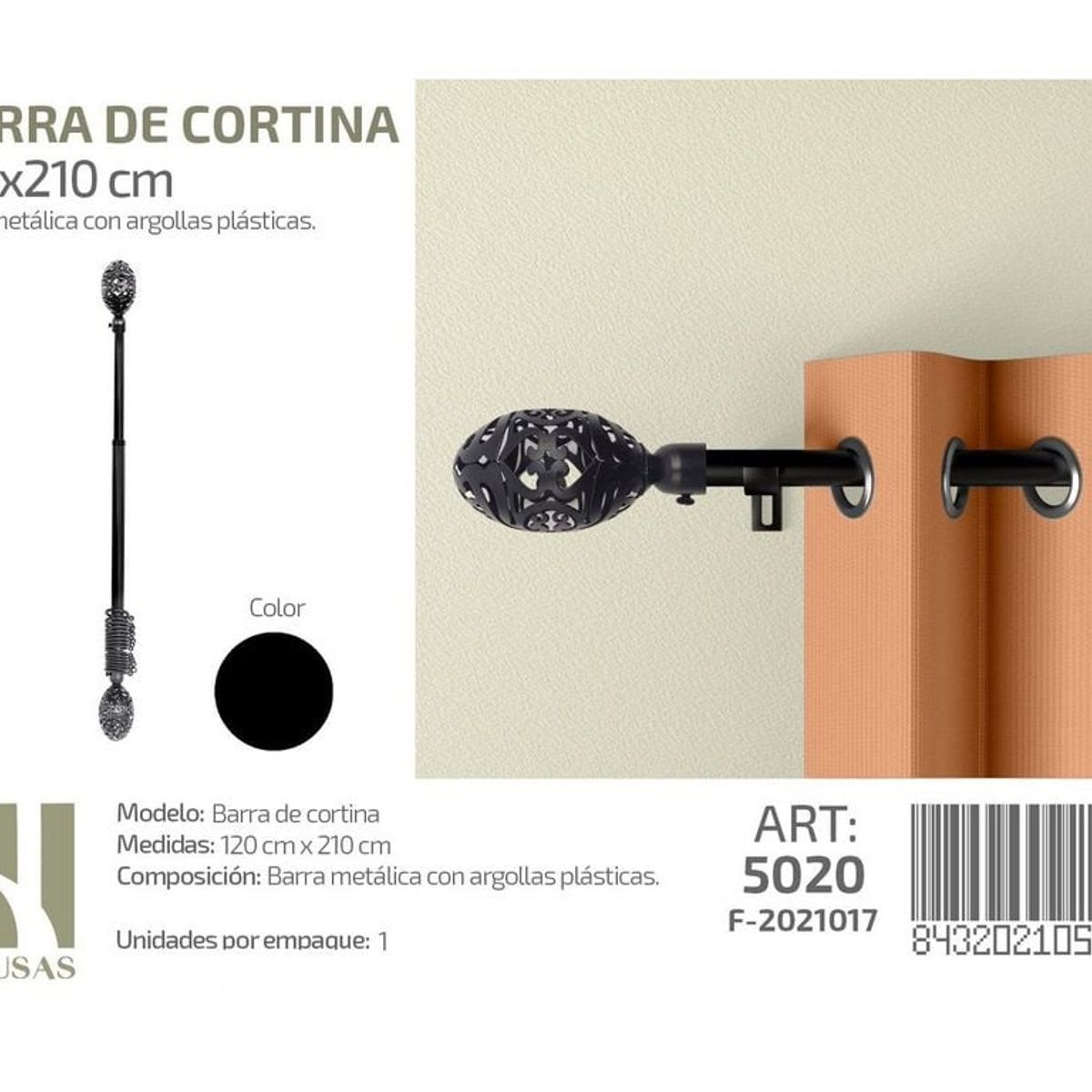 GENERICO - BARRA DE CORTINA METALICA NEGRO MEDIDAS 120-210 MOD 5020