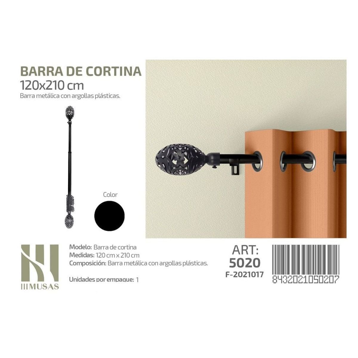 GENERICO - BARRA DE CORTINA METALICA NEGRO MEDIDAS 120-210 MOD 5020