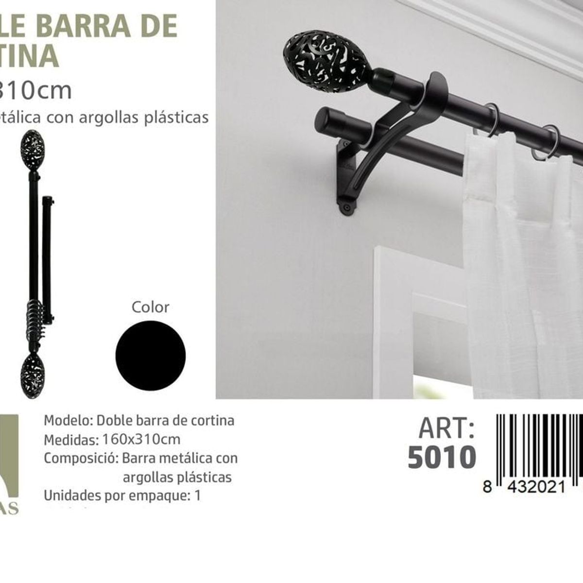 GENERICO - BARRA DOBLE  DE CORTINA NEGRO MEDIDAS 160-310 CM MOD 5010