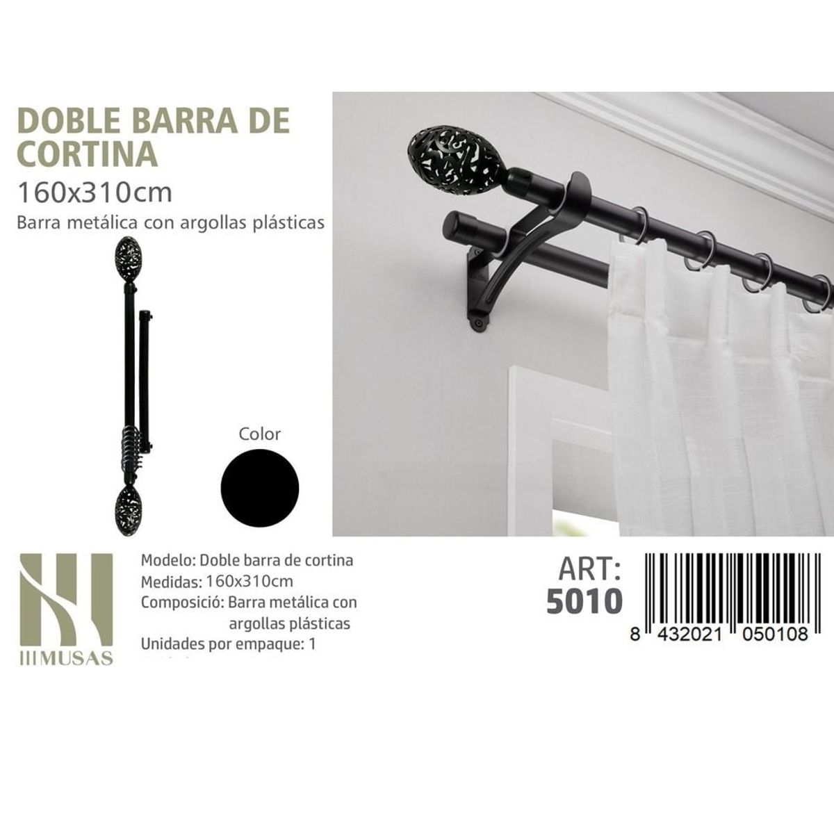 GENERICO - BARRA DOBLE  DE CORTINA NEGRO MEDIDAS 160-310 CM MOD 5010