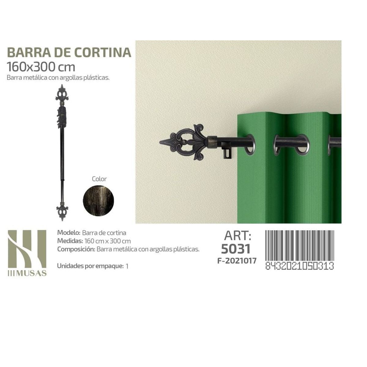 GENERICO - BARRA DE CORTINA METALICA NEGRO MEDIDAS 160-300 MOD 5031