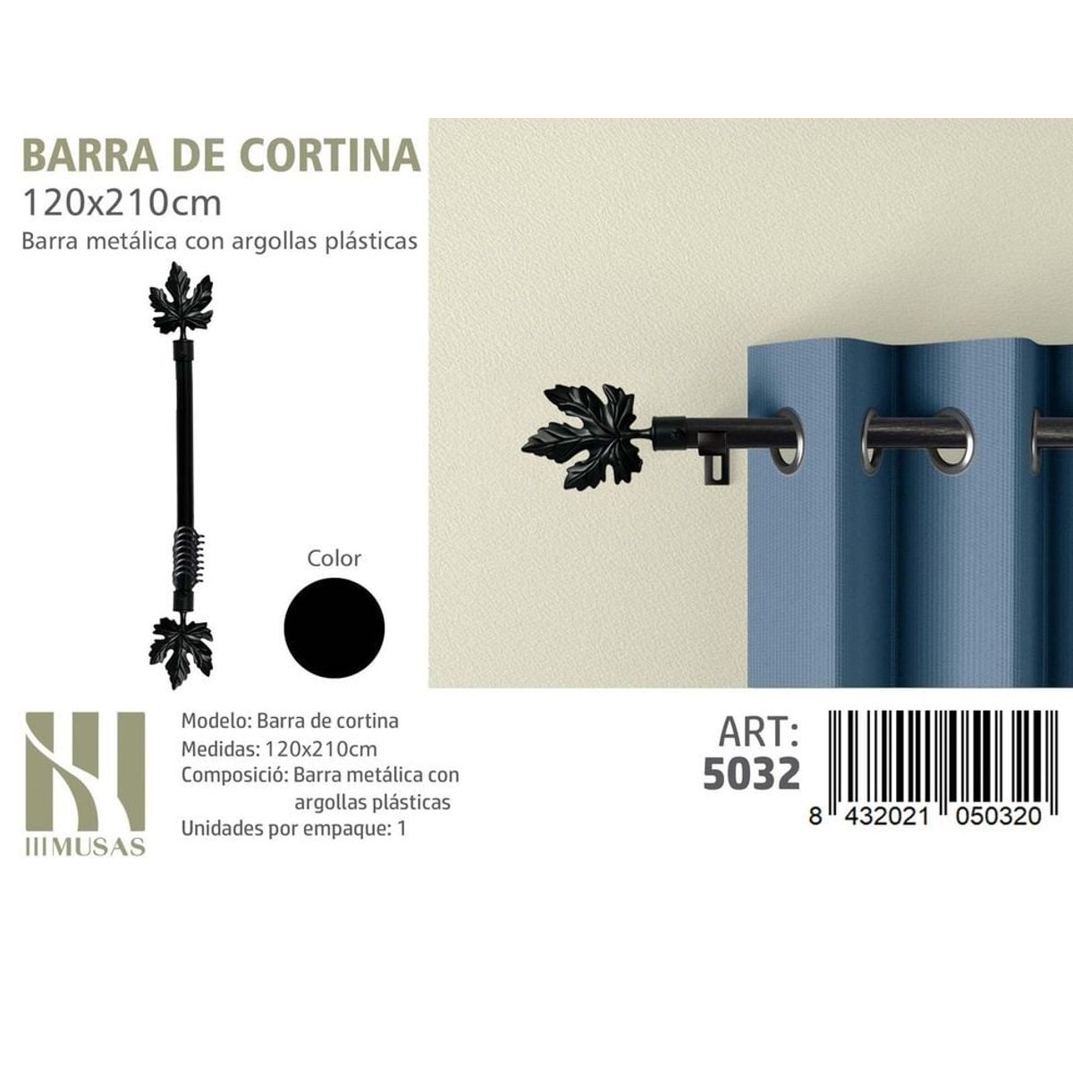 GENERICO - BARRA DE CORTINA METALICA NEGRO MEDIDAS 120-210 MOD 5032