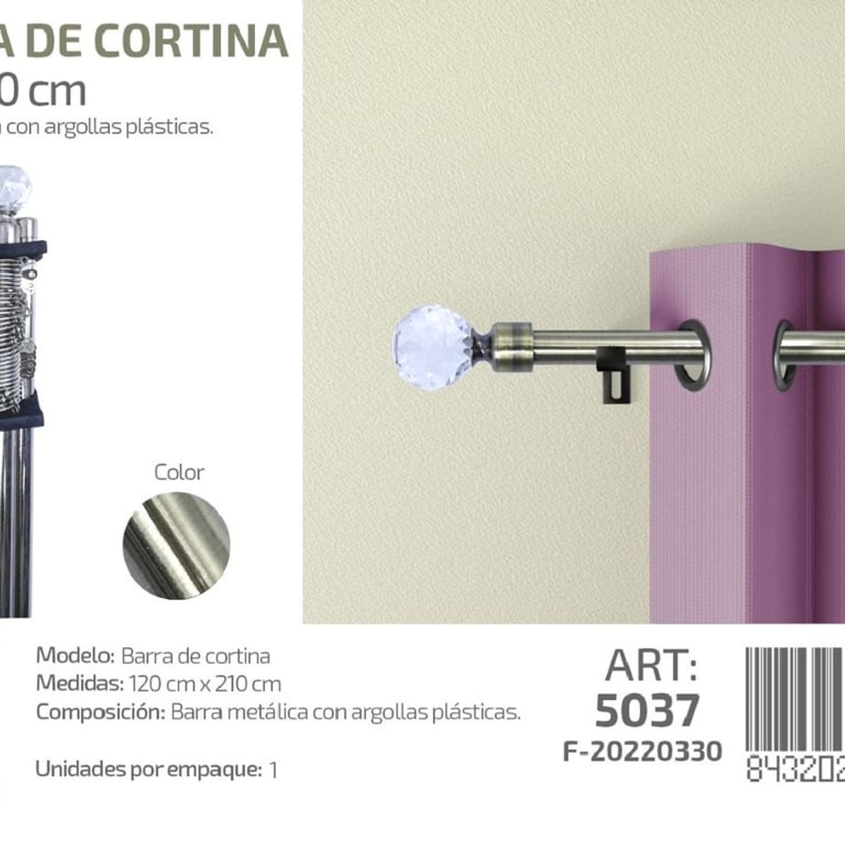 GENERICO - BARRA DE CORTINA METALICA PLATA MEDIDAS 120-210 MOD 5037