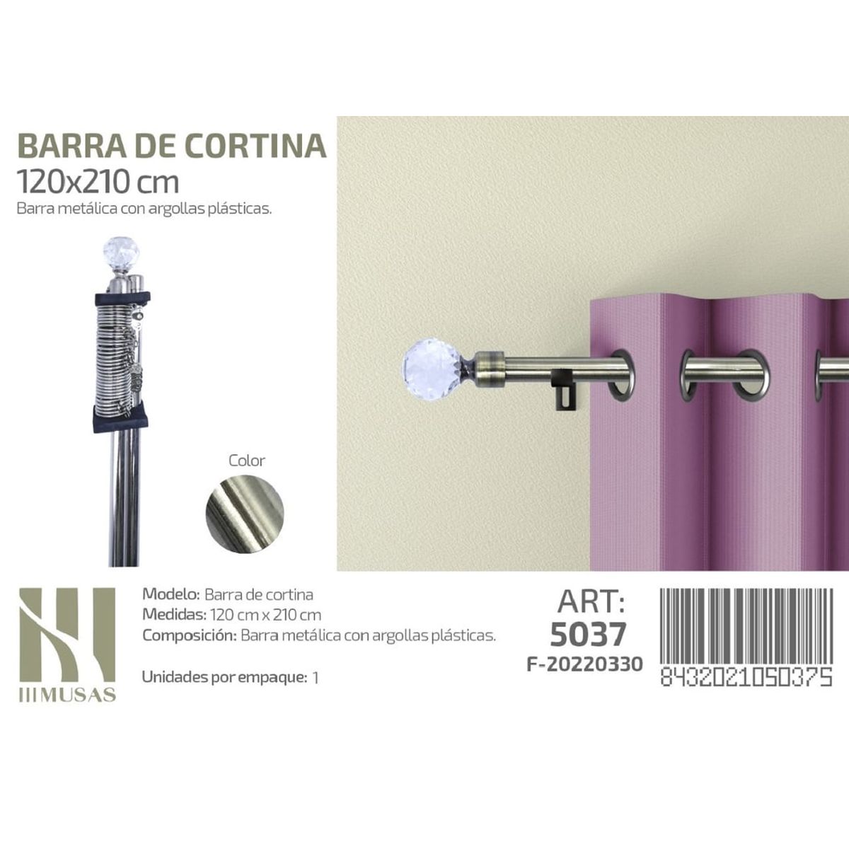 GENERICO - BARRA DE CORTINA METALICA PLATA MEDIDAS 120-210 MOD 5037