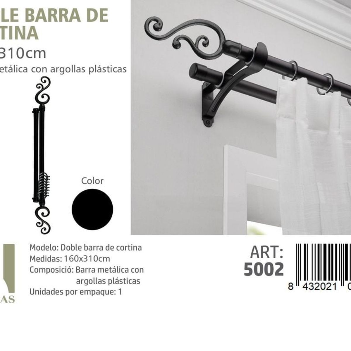 GENERICO - BARRA DOBLE  DE CORTINA NEGRO MEDIDAS 160-310 CM MOD 5002