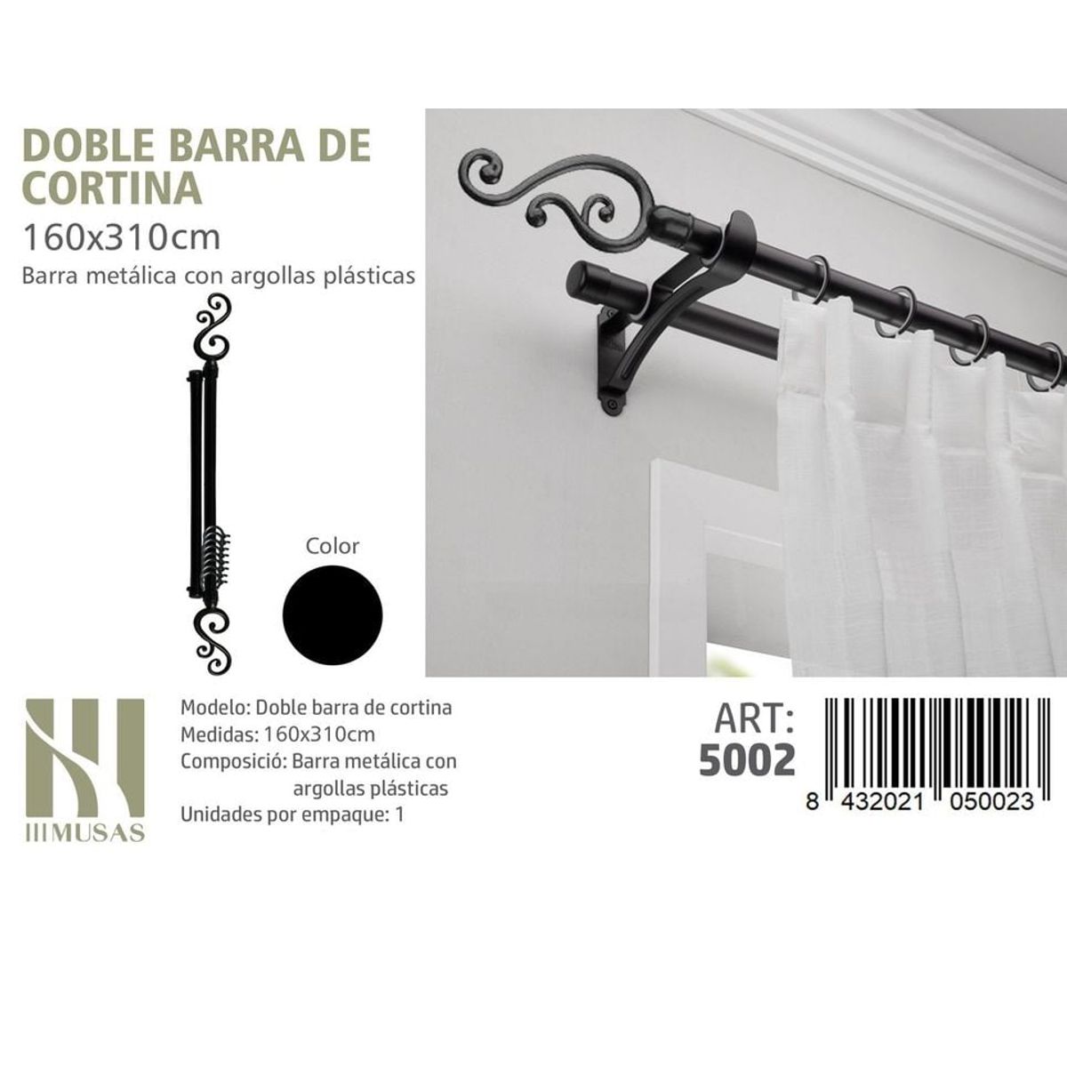 GENERICO - BARRA DOBLE  DE CORTINA NEGRO MEDIDAS 160-310 CM MOD 5002