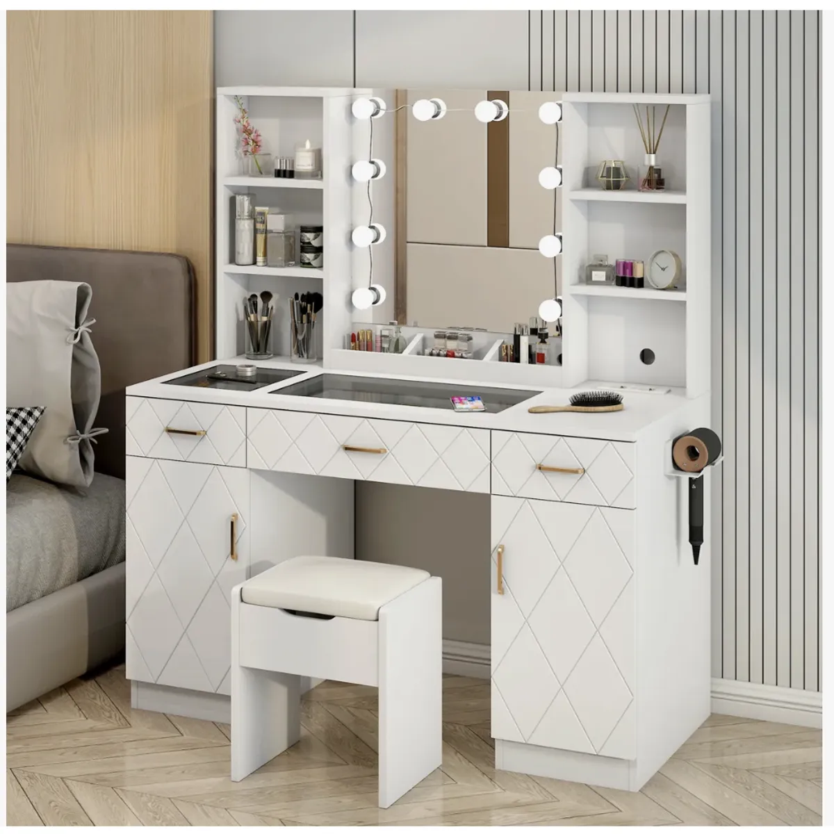 HOMER DESIGN - Tocador Espejo Hollywood Taburete Enchufe Repisa Con Vidrio