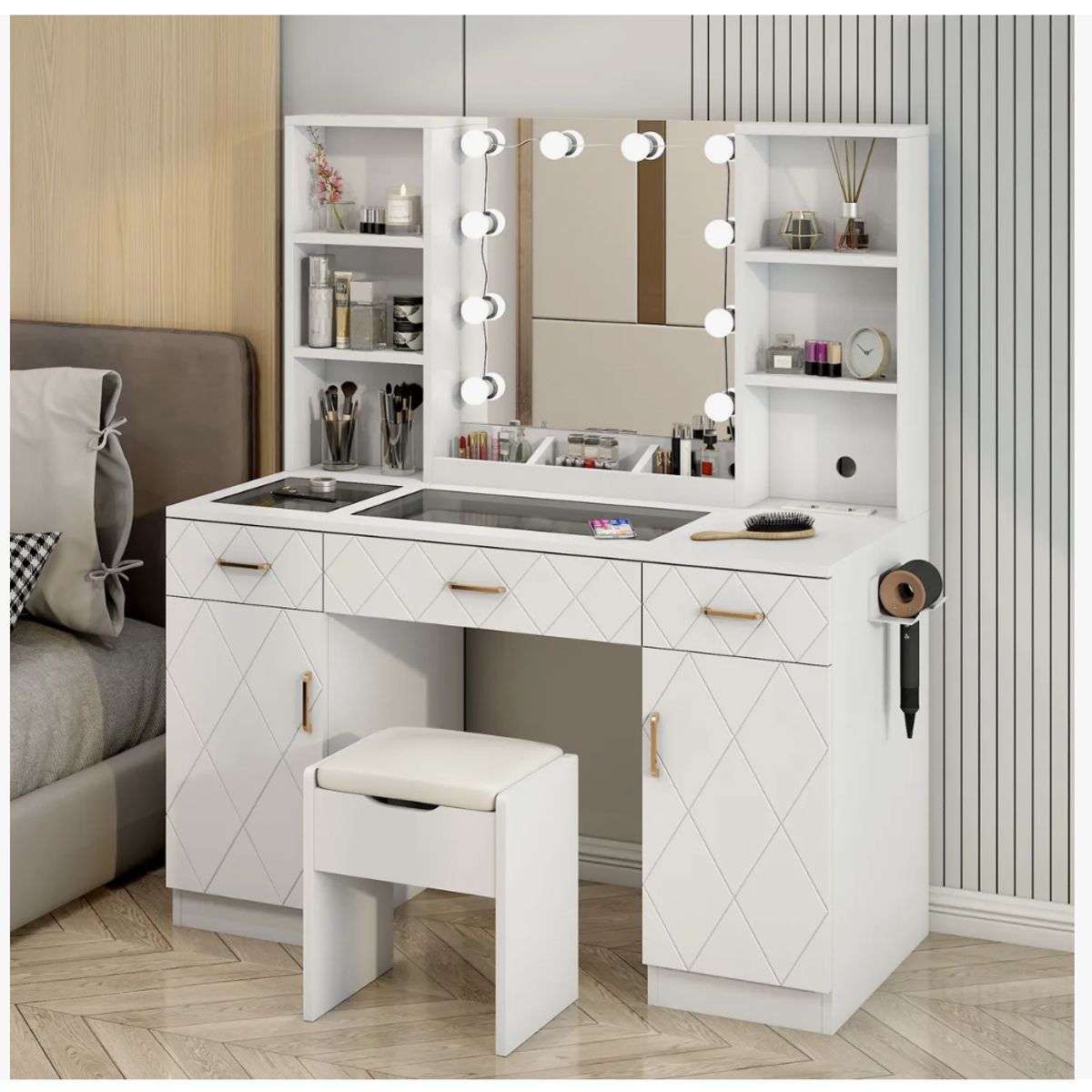 HOMER DESIGN - Tocador Espejo Hollywood Taburete Enchufe Repisa Con Vidrio