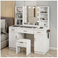 Tocador Espejo Hollywood Taburete Enchufe Repisa Con Vidrio