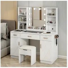 HOMER DESIGN - Tocador Espejo Hollywood Taburete Enchufe Repisa Con Vidrio