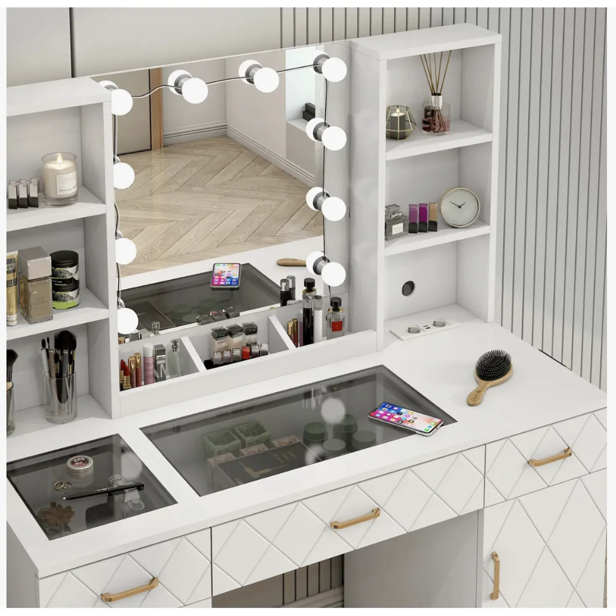 HOMER DESIGN - Tocador Espejo Hollywood Taburete Enchufe Repisa Con Vidrio