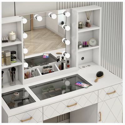 Imagen 2 del producto Tocador Espejo Hollywood Taburete Enchufe Repisa Con Vidrio