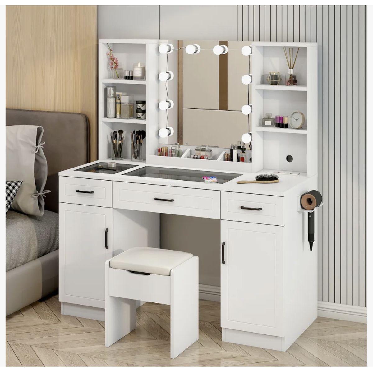 HOMER DESIGN - Tocador Espejo Hollywood Taburete Enchufe Repisa Con Vidrio